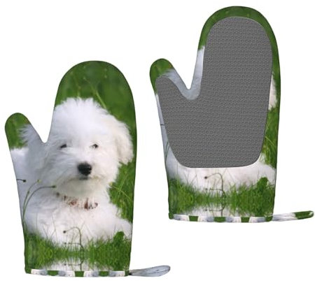 Bichon On The Grass Silikon-Ofenhandschuhe – hitzebeständige Grillhandschuhe mit Fingern wasserdichte rutschfeste Ofenhandschuhe Küche Kochen Handschuhe zum Backen, Grillen, Grillen