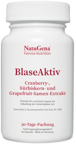 NatuGena BlaseAktiv – 515 mg Cranberry-Extrakt (Cran-Max) | 60 Kapseln | Cranberry-, Kürbiskern- & Grapefruit-Samen-Extrakt mit Vitamine B2 & Biotin für Frauen und Männer, vegan, 30-Tage-Versorgung