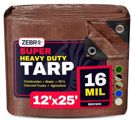 12' x 25' Brown Heavy Duty Tarp with Grommets Reinforced - 16 Mil Thick - Double Sided Plastic Tarps Waterproof - Large Tarpaulin Cover for Outdoor Camping Over/Under Tent Tarp RV Roof Rain - Zebro