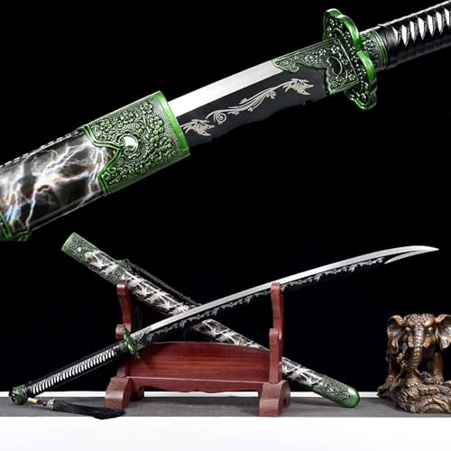 HIARAN 108 cm handgefertigtes Katana,Scheidenleder aus massivem Holz und Klinge aus Manganstahl,echtes Samurai-Schwert für Kendo Iaido Cosplay Display Decor Collect