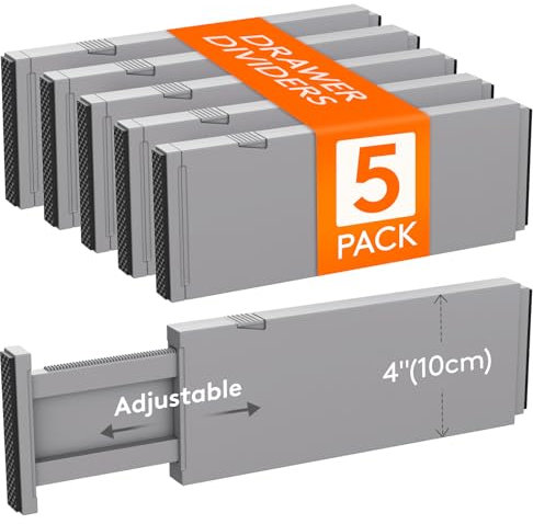Lifewit 5er Set Kunststoff Schubladentrenner für Innenlänge Schubladen, Verstellbar Organizer Ordnungssystem für Kleiderschrank/Schlafzimmer/Kommode/Küche/Büro, Grau