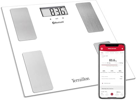 TERRAILLON SMART CONNECT Bilancia pesapersone Impedenziometrica - Analisi del cuerpo - BMI - 8 utenti - Bluetooth Low Energy - Capacità 160Kg - Bianco