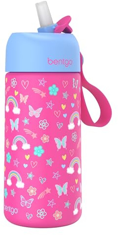 Bentgo® Kids Stainless Steel Insulated Water Bottle - Leak-Proof; Keeps Cool for 12 Hours; Durable, BPA-Free, Dishwasher Safe 14 oz. Cup for Ages 3+ for School/Sports/Daycare (Rainbows & Butterflies)