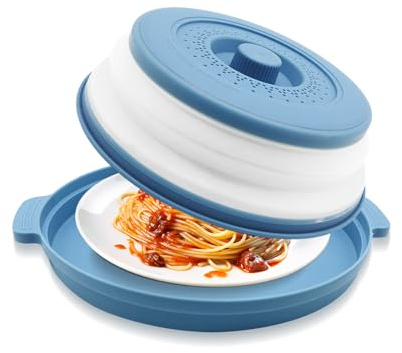 Microwave Splatter Cover 10.2 Inch with Handles, Collapsible Vented Silicone Lid & Anti-Scald Tray, BPA-Free Splash Guard for Food Heating, Fits Most Compact Microwaves