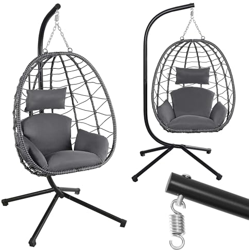 Makika Hängesessel mit Gestell höhenverstellbar Indoor & Outdoor inkl. Kissen - Korbhängesessel bis 150 kg Garten Schaukel aus Polyrattan faltbar ergonomisch - Wohnzimmer Balkon Terrasse in Grau