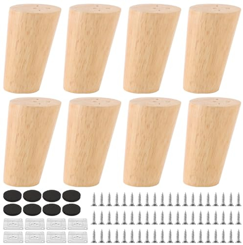 WOPPLXY 8 Stück Möbelfüße Holz Schräg, 8cm Möbelfüße Eiche mit Montageplatten und Schrauben, Konisch Tischbeine Holz für Sofa, Couch Stühle, Tische, Bett