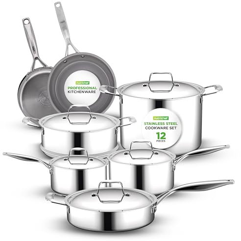 NutriChef 12-Piece Professional Stainless Steel Cookware Set – Tri-Ply Pots, Ceramic Non-Stick Fry Pans, Induction Compatible, Strong Riveted Handles, Dishwasher Safe