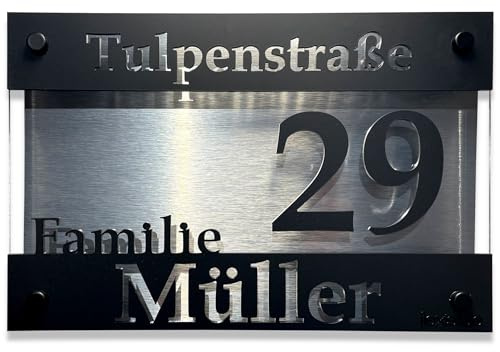 Husnummer, husnummerskylt, svart skylt, adressskylt, husvägg, personaliserat akrylglas, 3D, individuell design (aluminium, 30 x 40 cm)