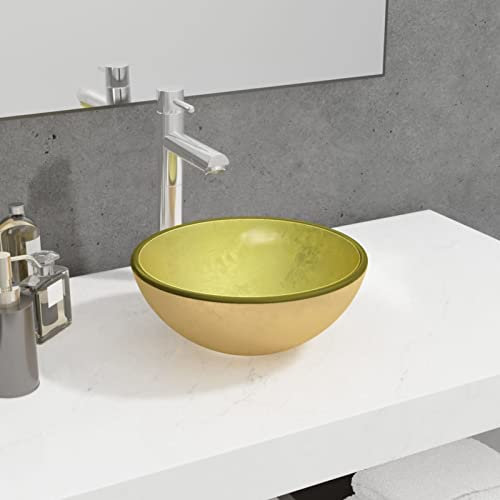 Gecheer Lavabo Verre Trempé 30x12 cm Doré, Lavabo de Comptoir Vasque à Poser, Évier de Salle de Bain pour Toilette, WC d'invités
