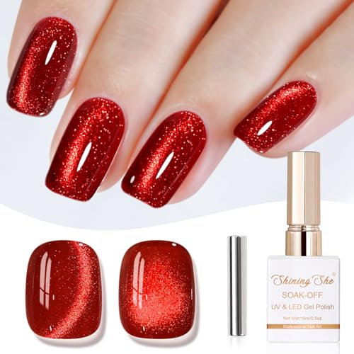 Shining She UV Nagellack Rot Cat Eye, 1PCS Glitzer Rot 9D Holografisch Cat Eye UV Gel Nagellack mit Magnet, Gellack Set Soak-Off UV Magnetic Nail Polish für für Nagelstudio Salon,15ML
