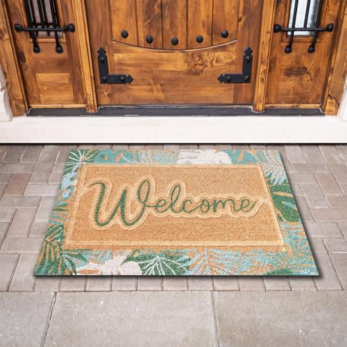 Large Embossed Coir Door Mat 45 x 75cm Palm Leaves Print – Natural Coconut Fibre, Front Door Welcome Mat with Non-Slip Backing, Durable Eco-Friendly Dirt Trapper Boot Scraper Outdoor
