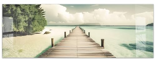 timalo Küchenbild aus Acrylglas modernes Wandbild Glasbild Deko Küche XXL Bild wie Glas | 140x50cm Holzsteg am Strand – Meer, Sand, Himmel, Urlaub, Palmen, Sommer, Natur