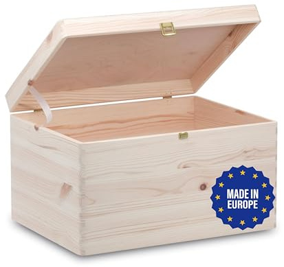 Pinus Holzkiste mit Deckel Schloss 40x30x23 cm Aufbewahrungsbox | Kiefernholz Sperrholz, staubgeschützt, abschließbar, Erinnerungen Fotos Briefe, Basteln Deko Geschenk, stapelbar