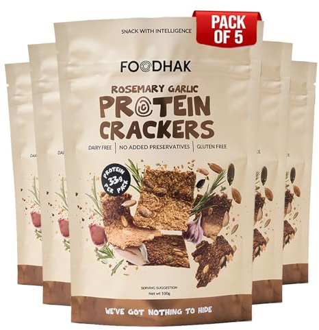 FOODHAK Rosemary and Garlic Protein Gluten Free Crackers Pack of 5 (5 x 100g) with Chia - Pumpkin, Flaxseed, and Sunflower Seeds - Plant-Based, High-Protein & Healthy Snack, Oven-Baked, Resealable
