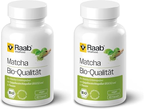 Raab Vitalfood® Bio Matcha Kapseln (60 Stück) - Bio Matcha Grünteepulver aus Japan, mit 41 mg EGCG pro Tagesportion, enthält natürlicherweise die Aminosäure L-Theanin und Koffein, vegan