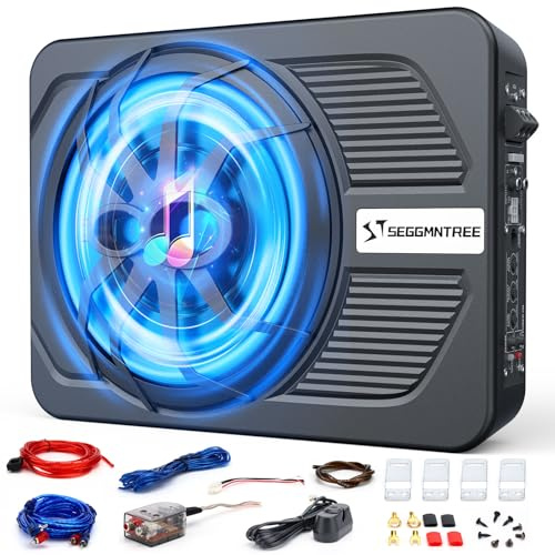 1000w Slim Under Seat Subwoofers with Amp,Car Subwoofer amp with Ambient Light,3.2 Height Amplified Subs High/Low Level Input for Car/Truck Audio,Powered Subwoofer and Amp Package Wire Kit Deep Bass