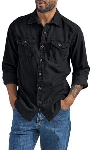 kuiazelit Camisas vaqueras de manga larga para hombre, camisa de trabajo con botones, camisas casuales inteligentes, chaqueta de mezclilla ligera, ajuste holgado, camisa lavada, duradera, de manga