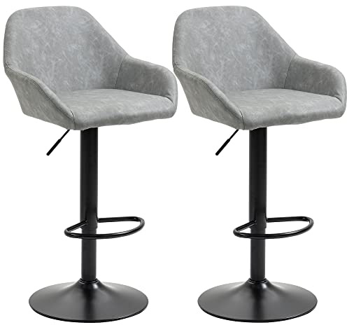 HOMCOM Juego de 2 taburetes de bar, sillas de bar modernas con respaldo y reposapiés, silla de cocina regulable en altura, giratoria 360°, estructura de acero, para cocina, mostrador, gris