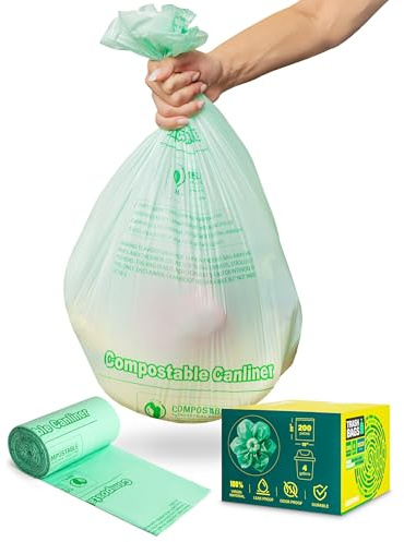 200 Compostable Trash Bags - 4 Gallon Garbage Bags for Kitchen Bin - Unscented, Leak Proof, Extra Strong - Disposable Food Waste Basket Liners - Certified by BPI & OK compost HOME by TÜV AUSTRIA