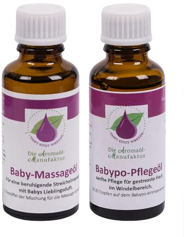 Die Aromaölmanufaktur Baby Massageöl 30ml & Babypo Pflegeöl 30ml, Aromaöl Doppelpack mit wohltuendem Babyöl, 100% natürliche ätherische Öle