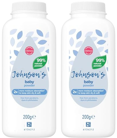 Johnson s Baby Powder, Natural Powder for Soft Skin, Paraben-Free, 2 x 200g, Clinically Proven Mildness, 2X Moisture Absorption, Corn Starch Formula