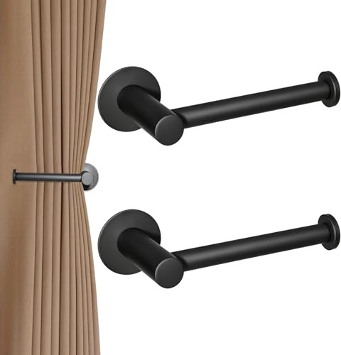 2 Pack Curtain Holdbacks Self-Adhesive, No-Drill Curtain Tie Back Stainless steel Wall-Mounted Drapery Holdbacks for Home Decoration Living Room/Bedroom/Shower (Black)