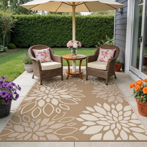 SHACOS Tappeto da Esterno Impermeabile Reversibile, Tappeti Esterno Grande Plastica Leggera, Resistente Ai Raggi UV Tappeto Giardino per Campeggio Camper, Fiori Marrone, 180 X 270 cm