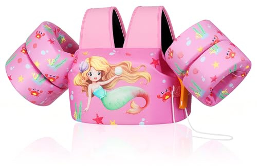 MoKo Chaleco de Natación para Niños, Brazo Flotadores para Niños y Niñas 22-66 lbs, Alas de Natación de Dibujos Animados, Chalecos Flotadores de Piscina para Aprender a Nadar, Rosa Perla Sirena