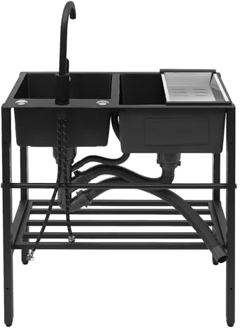 Edelstahl SpüLbecken mit StäNder Freistehend SpüLtisch KüChe und WaschküChe Robust mit Multifunktionalem Wasserhahn und Seifenspender Freistehend für Garage, Outdoor Schwarz