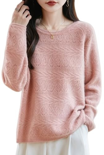 Maglioncino Donna Maglione da Donna in Lana Merino Manica Lunga Girocollo Maglioncino in Cashmere Pullover all'Uncinetto Tuniche Felpe Invernali Autunno E Primavera Maglieria Rosa M