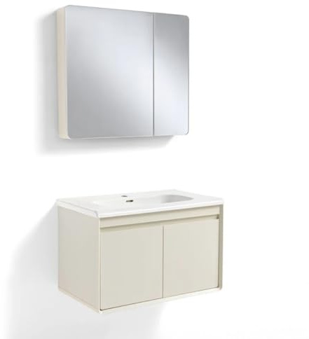 FUTURE HOME Mobile bagno sospeso 80 cm Mimosa in alluminio con lavabo in ceramica e specchio contenitore – Design moderno, resistente all’umidità