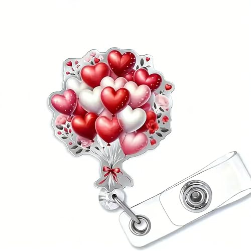 Valentines Love Flower Nurse Badge Reel Cute Heart Balloon Bun ID Name Tag Acrylic Alligator Clip Retractable Valentine Romantic Hearts Bouquet Badge Holder for Nurse Medical Worker Teacher Student