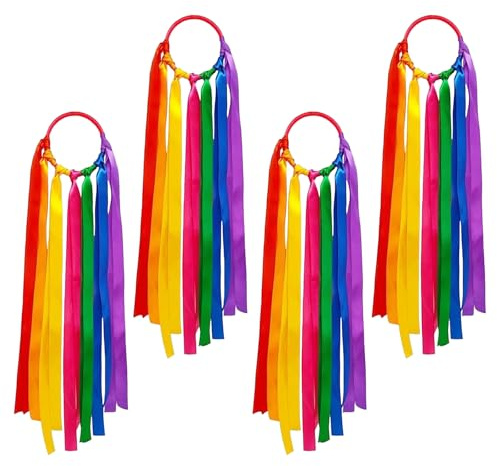 4 Stück Regenbogen Gymnastikbänder mit Griff, Mehrfarbige Rhythmische Sportgymnastik Bänder für Tanz, Training, Bühnenauftritt, Party & Dekoration