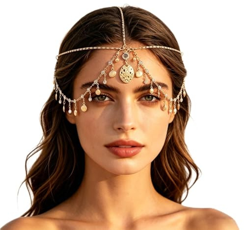 Maylatte Göttin Kopfkette Gold – Kopfschmuck & Schmuck Wahrsagerin mit Strass, Pailletten & Quaste, Boho Haarkette für Frauen, Festival Kostüm Accessoire