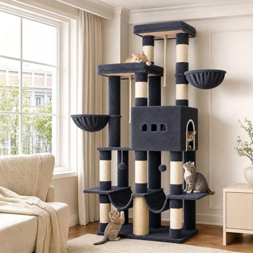 Hzuaneri Kratzbaum, 176 cm Großer Katzenbaum, 2 Plattformen, 2 Große Höhlen, 9 Sisal-Kratzstämme, 2 Hängematten, Katzenkorb, Pompons, Geeignet für Maine Coon Katzen, Dunkelgrau MS17218SG