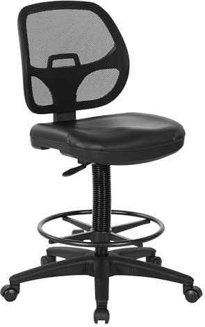 Office Star DC Series Deluxe Breathable Mesh Back Ergonomic Drafting Chair with Lumbar Support and Adjustable Footring, Black Vinyl
