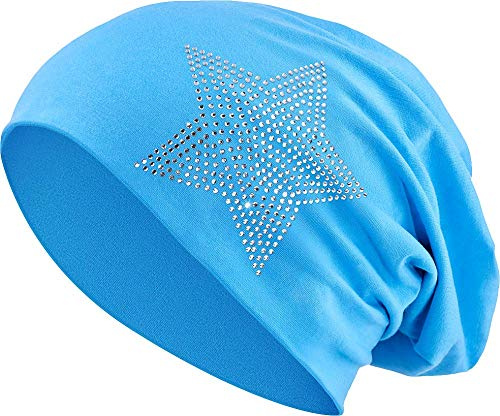 Jersey Bomull Elastisk Lång Slouch Mössa Unisex Män Damer med Strass Stjärna Stenar Hat Heather i 35 olika färger (2) (Turkos)