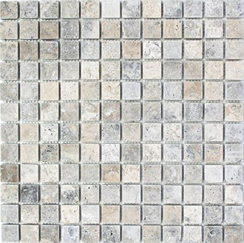 Mosaik Fliese Travertin Naturstein weißgrau silber Antique Travertin für BODEN WAND BAD WC DUSCHE KÜCHE, Mattengröße: 305x305 = 0,09 qm, Steingröße: 23x23x10 mm - 1 Matte