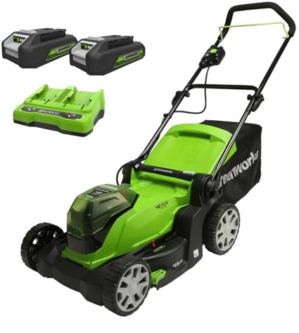 Greenworks Akku-Rasenmäher 48V (2x24V) Li-Ion 41cm Schnittbreite bis zu 220m² 50L Grasfangkorb 6-fache zentrale Schnitthöhenverstellung inklusive 2x 2Ah Akku und Ladegerät,G2x24LM41K2