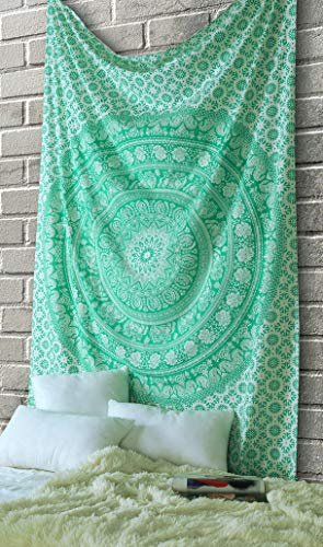 RAJRANG Elefant Mandala Wandteppich - Boho Bohemian Dekor Wandbehang Hippie Wandbehänge Mandala Stoff - 213 x 137 cm - Grün