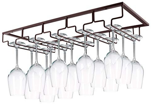 MOCOUM Weinglas-Regal unter dem Schrank, Stielglas-Aufhänger, Draht, Weinglashalter, Aufbewahrungsaufhänger für Schrank, Küche, Bar (braun, 5 Reihen, 1 Stück)