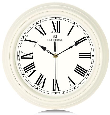 Lafocuse Tyst Retro 30cm Rund Beige Väggklocka med Romerska Siffror utan Tickande Väggur Dekoration Batteridriven för Kontor Kök Sovrum Vardagsrum