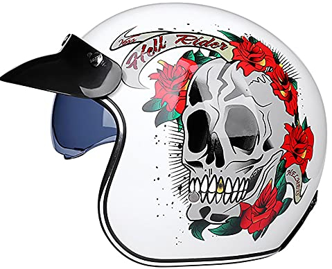 Woljay Retro Motorradhelm 3/4 Jethelm Halbhelme Motorrad Jethelm mit Schild Sonnenblende für Männer Frauen Erwachsene ECE 22/05 DOT Approved (Mittelgroß, Totenkopf weiß)