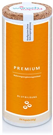 Wunschkapsel BLUTBILDUNG Premium Ergänzung | unterstützt die Bildung von Hämoglobin und Blut | Eisen (II) mit Vit. C, Oxyjun, PABA, Vitamin D3 und K2 | 290 vegane Kapseln aus deutscher Manufaktur