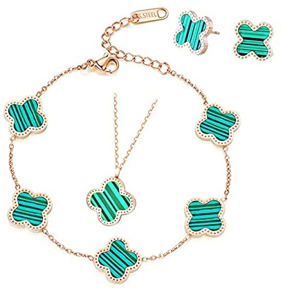 TOFBS Vierblättriges Kleeblatt Schmuckset für Damen und Mädchen 18K Roségold Plattiert Edelstahl Zweiseitig Weiß Schwarz Anhänger Halskette Ohrstecker Armband Emaille Schmuck Set