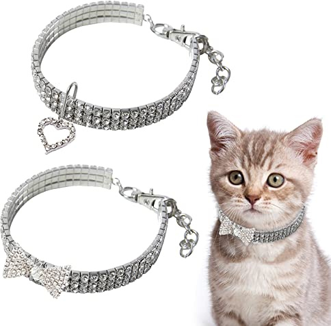 HACRAHO Strass-Katzenhalsbänder, 2 Stück Katzenhalsbänder mit glitzernden Diamanten, verstellbares Katzenhalsband, Halskette für kleine Haustiere, Katzen, Welpen, S