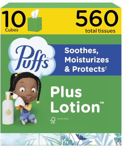 Puffs Plus Lotion Facial Tissues, 10 Cubes, 56 Tissues per Box, Allergies and Colds