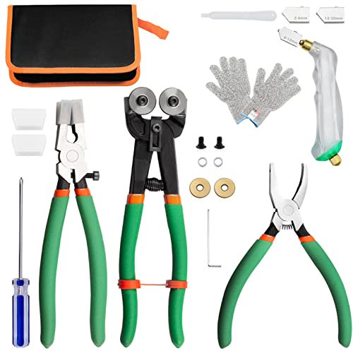 LEONTOOL 20pcs Mosaic Tools Set 8-Inch Wheeled Glass Tile Nipper with Replacement Cutting Wheel and Glass Running Pliers Grozer Pliers Glass Cutter Kit with Storage Bag