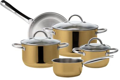 ECHTWERK Lot de 8 casserole en acier inoxydable de qualité supérieure - Avec couvercle en verre - 3 casseroles - Pour tous types de feux - Édition dorée