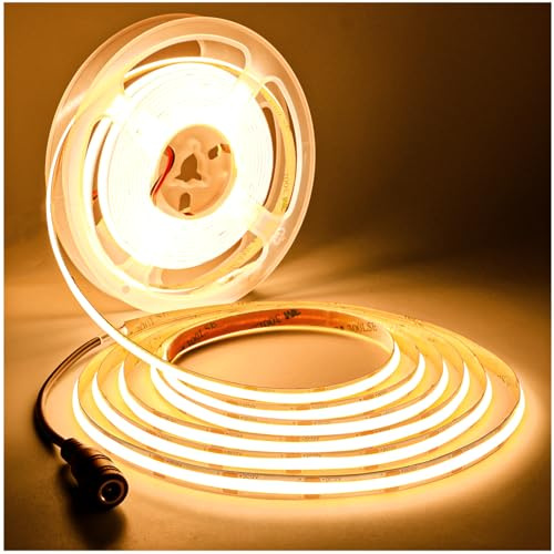 Tesfish LED Streifen Licht COB, DC 12V 5 Meter Band 480 LEDs/M Warmweiß 3000K Neon Licht Flexibel Super Hell Lichtleisten Leiste mit DC-Anschluss für Party, Theke, Regal, Wohnkultur